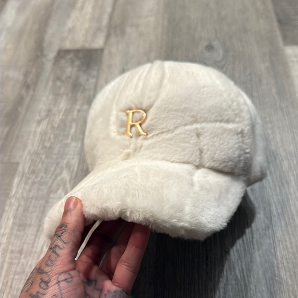 White Furry Cap with Gold Letter R